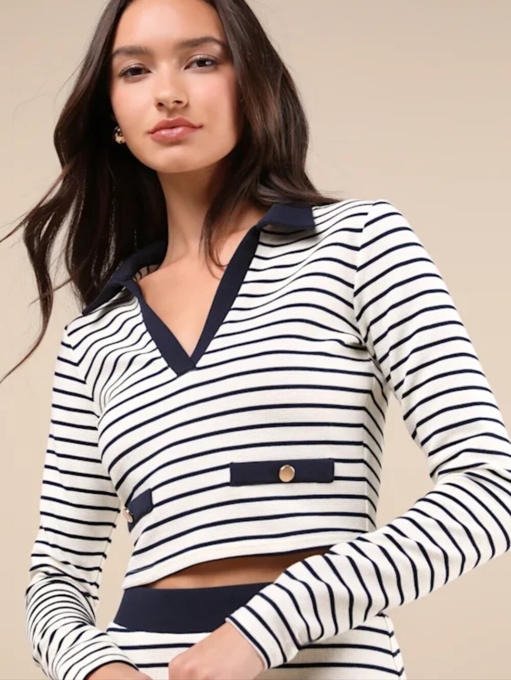 Lulus Uptown Aura Ivory Striped Long Sleeve Top White - Size L